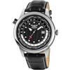 Aviator World Cities - Orologio da uomo a 3 lancette, al quarzo, stile aviatore, collezione Aviator, cinturino in vera pelle nera, orologio da polso pilota 3 Atm, Quadrante nero e cassa in acciaio