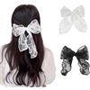 HAOXYO 2 Pezzi Mollette Capelli Donna,Forcina con Fiocco in Pizzo,Accessori per Capelli Forcina per Capelli Grandi,Forcina per Coda Lunga,Bella e Carina,Accessori per Donne e Ragazze (Bianco,Nero)