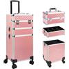 EBANKU Custodia per trucchi 3 in 1, portatile, professionale, da viaggio, per cosmetici, smalti, prodotti per capelli, organizer da viaggio, con ruote girevoli a 360°, Rosa