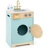 COSTWAY Set di Gioco Lavatrice per Bambini, Giocattolo Lavatrice con Detersivo e Igienizzante per le Mani, Set in Legno con Lavabo, Cassetto e Ruota Rotante, Regalo per Bambini dai 3+ Anni