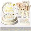 PYAILI Compleanno Stoviglie Oro Bianco 193 Pezzi Set Include Piatti, Tovaglioli, Tazze di Carta, Adatto a Tutti i tipi di Feste a Tema -24 Ospiti