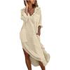 SYDUZAX Vestito Camicia Cotone Lino Donna Vestiti Lunghi a Maniche Lunghe con Scollo a V Vestiti da Spiaggia a Tunica Abiti Lunghi Estivi Larghi Abiti Casual da Ufficio con Risvolto e Volant e Tasca