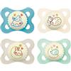 MAM Ciucci in silicone MAM Original Night in set da 4, 0-6 mesi, fosforescenti al buio, delicati sui denti, incluse 2 scatole di trasporto sterilizzanti