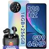 Blackview Shark8 Smartphone, 16GB RAM+256GB ROM/2TB-TF, MediaTek Helio G99, 6.78'' FHD+/120Hz, 64MP+13MP, 5000mAh/33W, 4G Dual SIM Telefono, NFC/Face ID/Fingerprint/OTG/3 Slot/3.5mm Jack