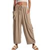 OLIPHEE Pantaloni Larghi Donna Estivi con Tasche e Coulisse Casual Pantaloni Lunghi Donna Leggeri Comodi con Elastico Vita Alta in Tinta Unita Elegante Pants Spiaggia Yoga Cachi XXL