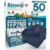 SICURA MASCHERINE CHIRURGICHE 50 Mascherine FFP2 Certificate CE BLU con Elastici Neri SICURA logo impresso BFE ≥99% Made in Italy Mascherina ffp2 SANIFICATA e sigillata singolarmente