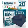 SICURA MASCHERINE CHIRURGICHE 20 Mascherine FFP2 BLU Certificate CE SICURA Protection Made in Italy BFE ≥99% Mascherina ffp2 vera Marcatura EFFETTO PULITO e sigillata singolarmente