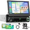 VECHTEL Autoradio 1 Din con Carplay Android Auto senza Fili, 7'' IPS HD Ribaltamento Manuale Schermo Tattile Stereo Auto Bluetooth Supporto Mirror Link FM 2USB/Tipo-C Comandi al Volante Telecamera