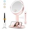 MOMOKUBA Specchio cosmetico con illuminazione, ingranditore 20x, regolabile in altezza, a 3 colori, per trucchi da tavolo, rosa