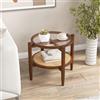 GIANTEX Tavolino rotondo ø 56 cm, comodino in legno di acacia, tavolino da caffè con piano in vetro e ripiano in rattan, colore marrone, 56 x 56 x 46 cm
