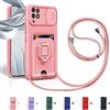 Aithne Cover Compatibile con Samsung Galaxy A22 4G/M32 4G, Slidable Protezione Fotocamera, 360°Anello Support Slot Schede Cordino Collana Necklace Silicone Case - Pink