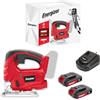 Energizer - Sega alternata cordless 20 Volt - 2300 OPM, taglio legno 80 mm/metallo 6 mm - Include 2 batterie 20V 2AH + caricatore - Cambio lama rapido senza attrezzi, collegamento aspirazione