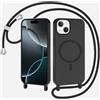 xinyunew Magnetica Cover con Cordino per iPhone 15 Plus,[Compatibile con MagSafe], Cover in Silicone, Regolabile Cordino da Collo Nylon Catena Collana Tracolla,Nero