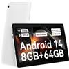 Laptok Tablet 10 pollici Android 14 Tablet con Octa-Core, Face ID, 8GB+64GB+1TB Espansione, 1280*800 HD IPS Touchscreen, tablet Android con WiFi 6 BT5.3, Doppia Fotocamera 5MP+8MP, Widevine L1(Bianco)
