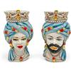 CERAMICHE CALTAGIRONE Teste di Moro in Ceramica - Coppia Azzurro Madreperlato con Dettagli in Oro H 24 cm x L 15 cm