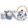 H&H Seta Set 5 Pezzi in Porcellana, Bicchierini + Teiera 500cc, Blu e Bianco