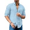Ruereuu Camicia da uomo Cotone Lino Tinta unita Risvolto Camicia a maniche lunghe, Azzurro, XXL