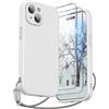 SURPHY Cover per iPhone 15(6,1) con Cordino e 2* Vetro Temperato, Silicone Custodia per iphone 15 con Laccetto, Protezione Fotocamera, Compatibile con 15 Case Protezione Completa,Bianco