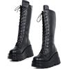 Gothniero Goth High Knee Platform Boots Zeppa Tacco grosso Nero Gotico Punk Metà polpaccio Stivali Lace Up con fibbie Combat Botas per le donne, Black4, 39.5 EU