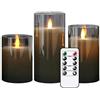 Eldnacele - Candele in vetro grigio senza fiamma tremolanti con telecomando, con stoppino mobile, a batteria, realistico e caldo, set da 3 (3 cm x H4 ''/15''/16''), festival, decorazione da tavolo