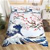 Loussiesd Set di biancheria da letto 2 pezzi con 1 federa per cuscino con fiori rosa e gru e onde, stile ukiyo-e giapponese, per bambine e donne