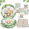 Heboland Stoviglie per Feste Safari Giungla per 25 Ospiti, 100Pezzi Decorazioni Stoviglie Compleanno Animali Giungla Piatti di Carta Tovaglioli Tazze di Carta per Compleanno Bambini