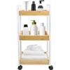 homewell Carrello da cucina con 3 ripiani, carrello da servizio, scaffale su ruote per cucina, camera da letto, ufficio, nero/bianco + colore legno, 20 x 30 x 80 cm (telaio bianco + vassoio in legno)