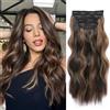 Fine Plus Extension per capelli con clip, 4 pezzi, castano scuro, mix di punti salienti, 50,8 cm, extension per capelli lunghi ondulati con clip, extension per capelli in fibra sintetica, da donna