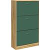 BAKAJI Scarpiera Slim Portascarpe in Legno Melaminico con 3 Ante a Ribalta e Doppia Profondità Dimensioni 60 x 24 x 120 cm (Verde e Quercia)