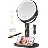 MOMOKUBA Specchio cosmetico con illuminazione, specchio da trucco con illuminazione, regolabile in altezza, specchio ingranditore con luce 30 volte, girevole a 360° su entrambi i lati, 3 specchi