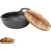 lvifloae Padella wok con coperchio, wok in ghisa con 2 manici coperchio in legno padella con base piatta non rivestita per mescolare friggere grill vapore autentico cibo asiatico cinese φ20 cm 25 cm