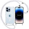 Yoedge Trasparente Glitter Cover Magnetica con Cordino per iPhone 14 Pro 6,1, Custodia Bling Brilla Laccio Tracolla Compatibile con MagSafe Magnetico Ricarica Wireless Case per iPhone14 Pro, Bianco