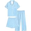 SWOMOG Pigiama in seta per bambine in raso, 3 pezzi, con bottoni, stampa a maniche corte, con pantaloni lunghi, Strisce bianche e blu., 8-9 Years