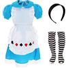 I LOVE FANCY DRESS LTD Costume da bambina curiosa - S - vestito blu con grembiule, fascia nera e collant a righe - costume per ragazze World Book Day Book Week
