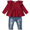Lufebut Abbigliamento Completo da Bambina top manica lunga volant + pantaloni jeans Completini di Compleanno per Ragazza Casual Primavera Regalo Bimba Neonato Completini Rosso, 6-12 Mesi