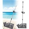 Generic Set di rastrello per pulci, setaccio per sabbia da spiaggia in acciaio inox con cestello largo da 40 cm a denti di squalo, rastrello per sabbia scavato in acciaio al carbonio, rastrelli con manico
