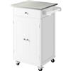 HOMCOM Carrello da servizio per cucina con ruote multi-stoccaggio, 1 cassetto, armadio doppia porta con ripiano, porta strofinacci, MDF bianco e acciaio inox
