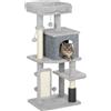 PawHut Albero per Gatti, torre giochi, altezza di 104 cm, con lettino casetta, spazzola per toelettatura, 44l x 34P x 104H cm, grigio chiaro