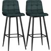 HOMCOM Set di 2 sgabelli da bar design superficie in velluto trapuntato e gambe in acciaio altezza 77 cm verde scuro