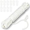 Adiwo 15M Corda per Bandiera in Nylon con 10 Pezzi Flag Pole Clip, Nylon Flag Pole Clip a Scatto per Abbigliamento Giardino Esterno Campeggio Vela Portachiavi（Bianco）