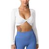 ABOCIW Top corto da donna a maniche lunghe da allenamento con torsione frontale profonda scollo a V crop maglietta imbottita reggiseno sportivo camicia da yoga a basso impatto, bianco, S