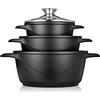 briebe Set Pentole Induzione Batteria 6 Pezzi, 3 Casseruola, Alluminio Pressofuso, Antiaderente ILAG GRANITEC senza PFOA, Coperchi in Vetro, Guanti in Silicone, Vetroceramica, Gas, Forno, MGK-18