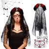 LIVESTN Cerchietto Rose Halloween Carnevale, Cerchietto Giorno Dei Morti, Giorno Dei Morti Velo per Halloween, Tatuaggi Viso Dia De Los Muertos, Fascia Dia De Los Muertos Accessori carnevale, cosplay