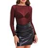 Eisnnu Maglia da donna in rete trasparente, a maniche lunghe, con scollo rotondo, sexy, per feste, Colore: rosso, XS