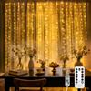 LQWELL Tenda luminosa a LED con telecomando, 3 x 3 m, 300 LED, con timer, dimmerabile, bianco caldo, 8 modalità, luci per finestre, per interni ed esterni, matrimoni, feste, Natale