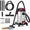 LEHMANN Bidone Aspirapolvere Industriale con Contenitore in Metallo 30L, 1500W, Aspira Solidi e Liquidi con Presa di Corrente, Funzione Soffiaggio, Filtro HEPA e Schiuma, Scuotifiltro, Argento