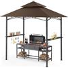 GVDV Tettoia Barbecue 2,4 × 1,5 m - Gazebo da Giardino Impermeabile con Doppio Tetto, Mensole Laterali, 10 Ganci & Apribottiglie - Pergolato per Barbecue, Terrazzo & Campeggio, Marrone