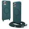 CUZZCASE Cover compatibile con iPhone 11 Pro Max(6.5),Cover Magnetica[Compatibile con MagSafe],Bumper con Laccio,regolabile Lanyard TPU Corda Silicone Case-Verde scuro