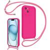 Coalbooliy Cover per iPhone 15 Plus 6,7 con Cordino per Cellulare, Custodia Silicone con Regolabile Collana Sottile Morbida Case Protezione della fotocamera Antiurto con Necklace, Rosa Rossa