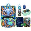 SJ Gang Set Scuola Completo, Zaino Estensibile 24L con Astuccio, Diario, Borraccia 460ml e Portamerenda, Blu e Verde